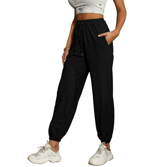 Women'S Casual High Waist Sports Pants Elastic Nine-Point Pants Black S