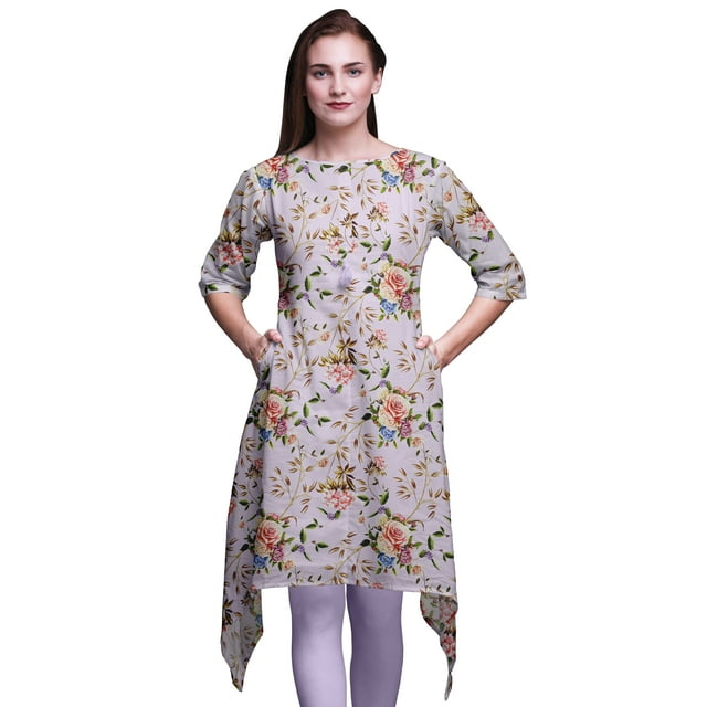Bimba Kurti Asymétrique Violet à Imprimé Floral de Lys Oriental et de Roses pour Femmes, Robe d'Été Indienne Tunique Petite