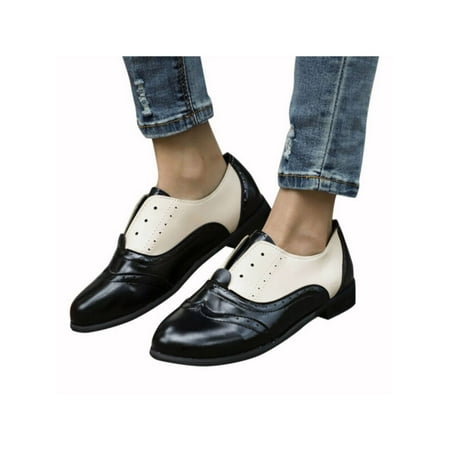 Retro Ladies Womens Low Heel Leather Slip On Oxfords Loafers Casual