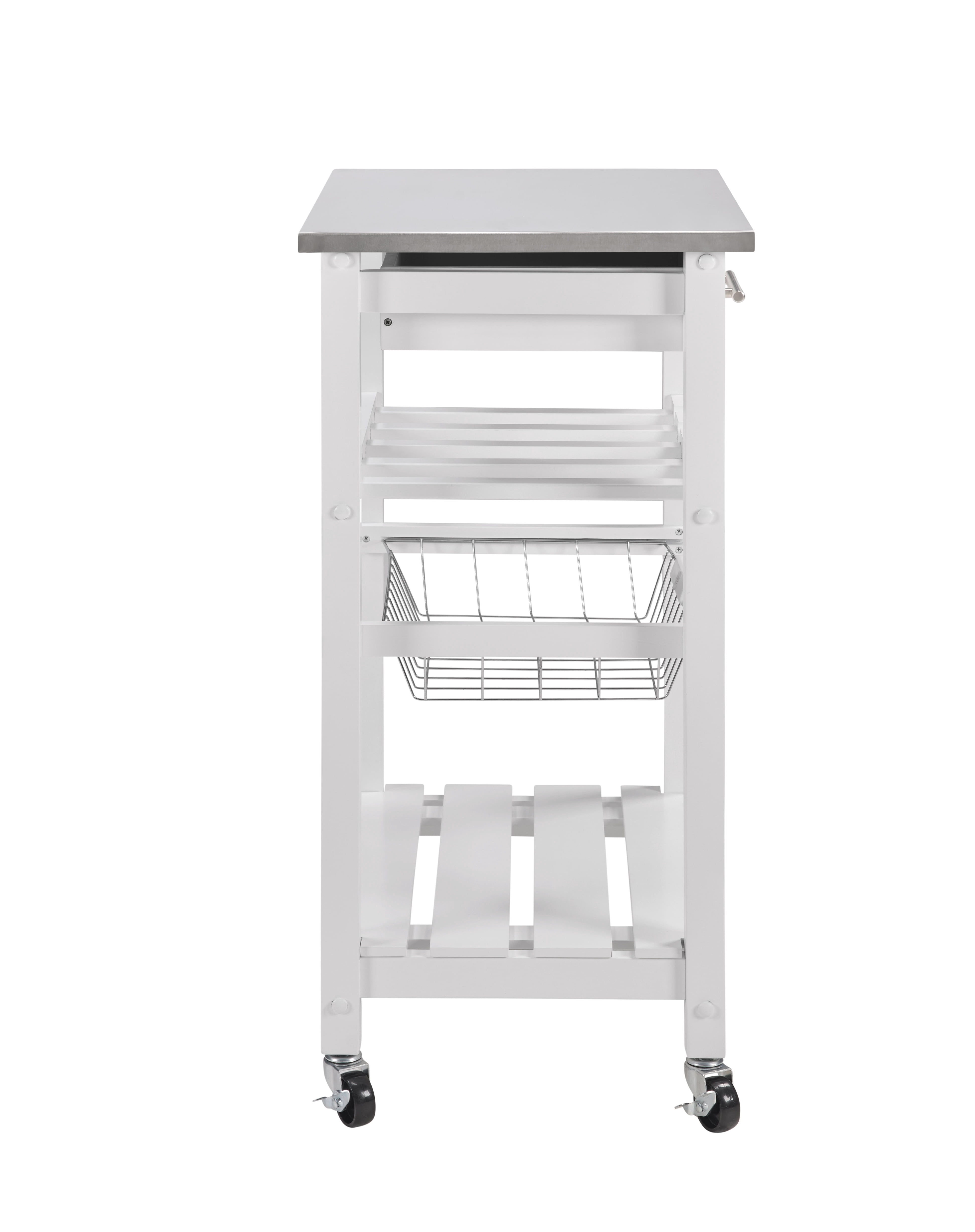 Mobile Rolling Kitchen Island with Stainless Steel Top, Drawer & Storage Basket
