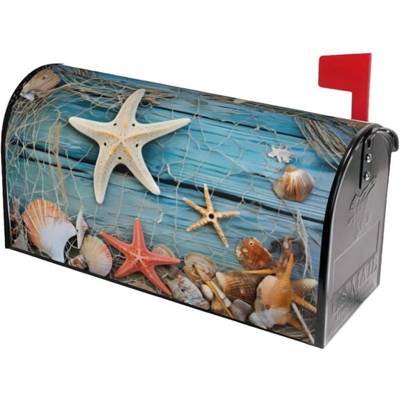 Summer Seashell Beach Starfish Mailbox Covers, Magnetic Post Box Cover Wraps Standard Size 21x18 in Inches for Garden Yard Decor