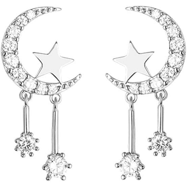 Guangzhoushicwz Pendientes de plata de ley 925 con forma de media luna y estrella para mujeres y adolescentes, pendientes con forma de luna y circonita cúbica, pendientes con borlas de estrella