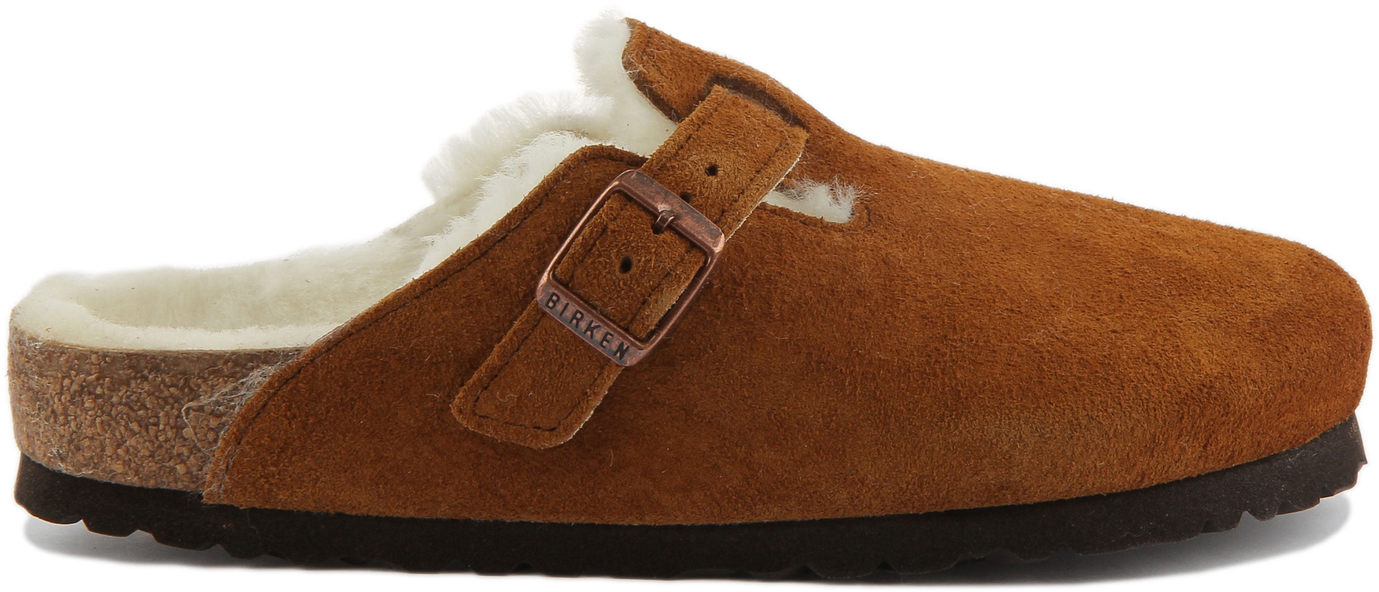 Birkenstock Boston Shearling Unisex Single Strap Suede Sandal In Mink Size 11/11.5F -9/9.5M