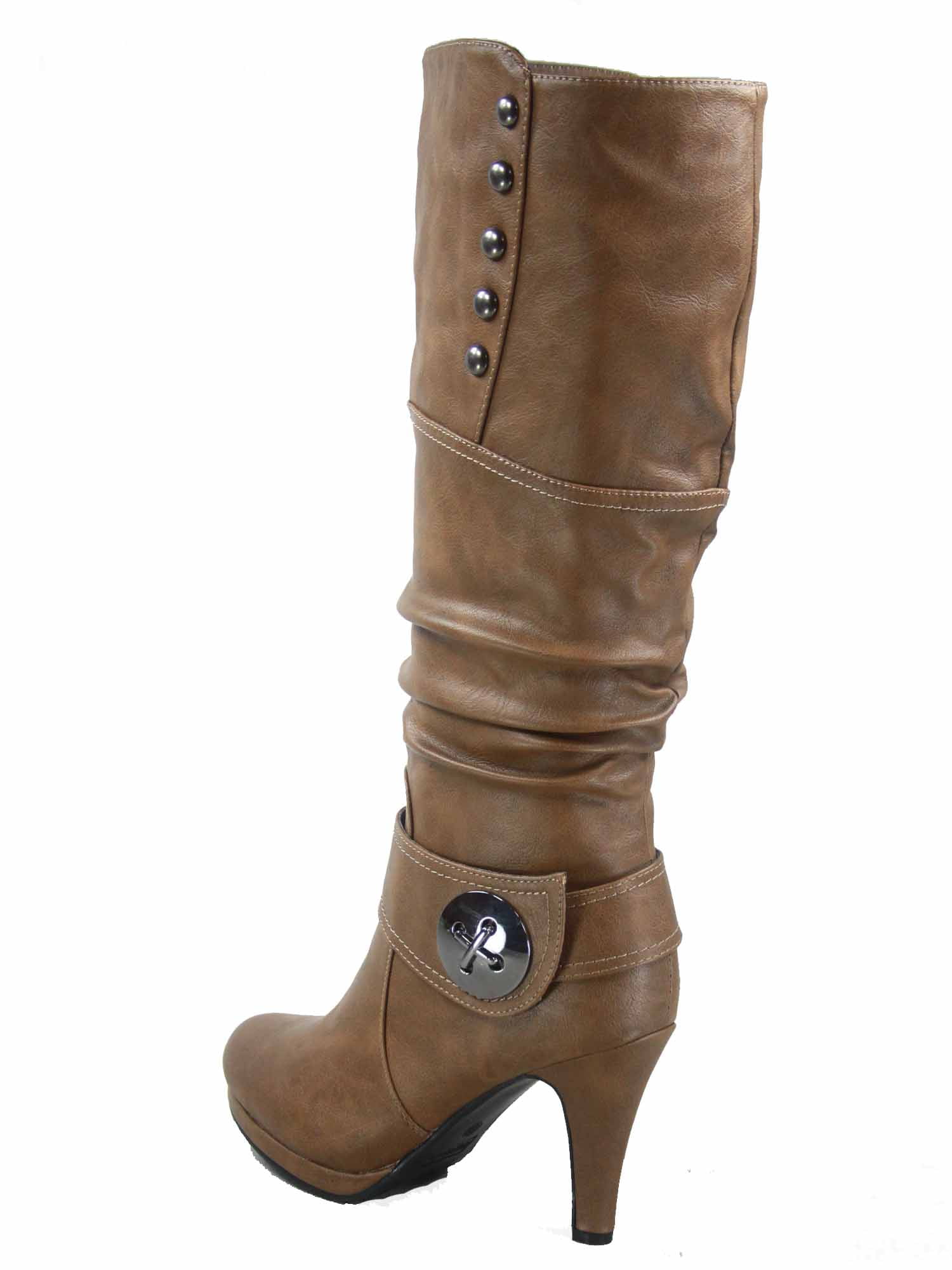 Cognac Brown Faux Leather Over the Knee High w Buckle Strap Zipper Riding Boots 
