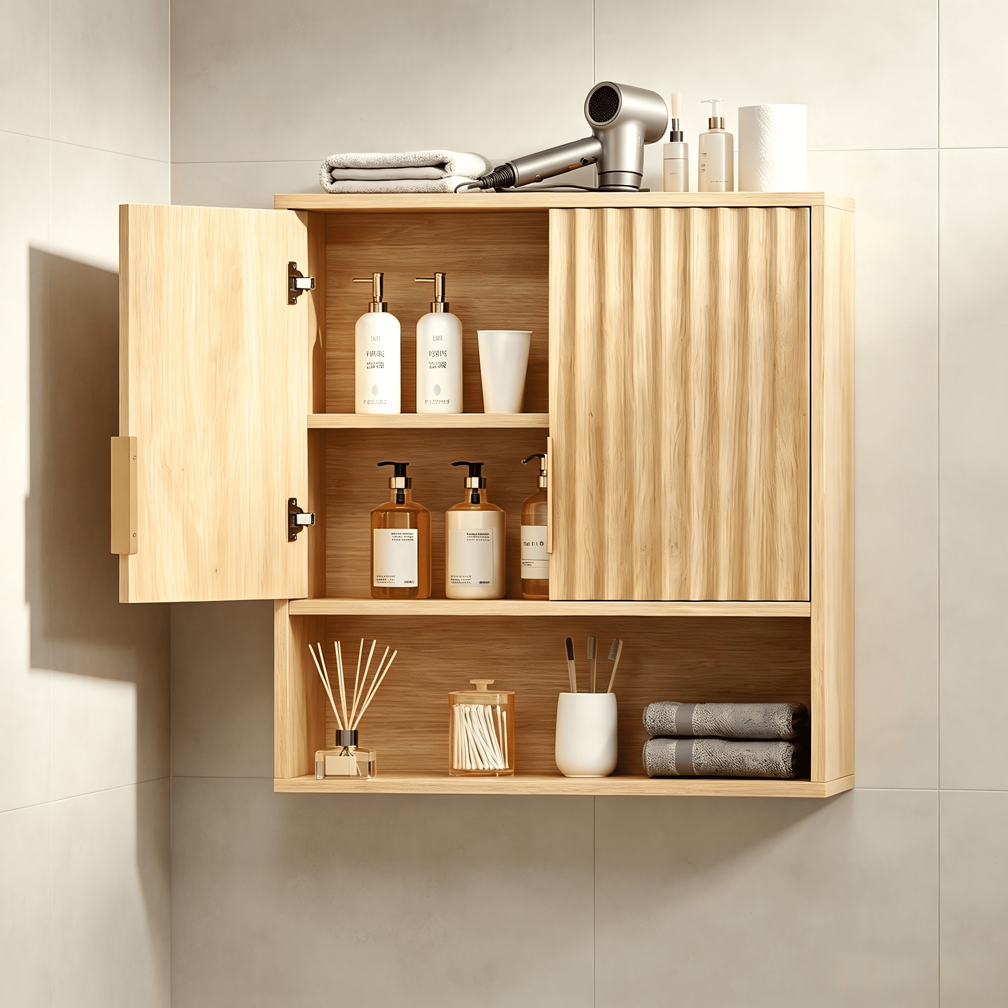 2-Door 3-Tier Slatted Bathroom Wall Cabinet, 24.49"*22.83"*8.07"