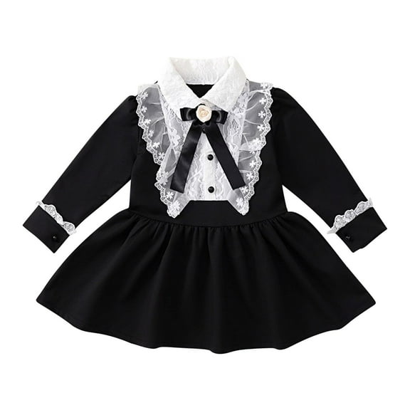 Odeerbi 2-8 Years Toddler Girls Long Sleeve Lace Cotton A-Line Dress Spring Fall Bow Princess Dresses Children Cute Round Neck Casual Dress Toddler Girls Clothes