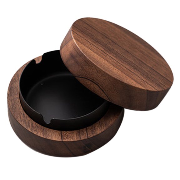 Walnut Ashtray with Lids Windproof Wooden Ashtray(Black)