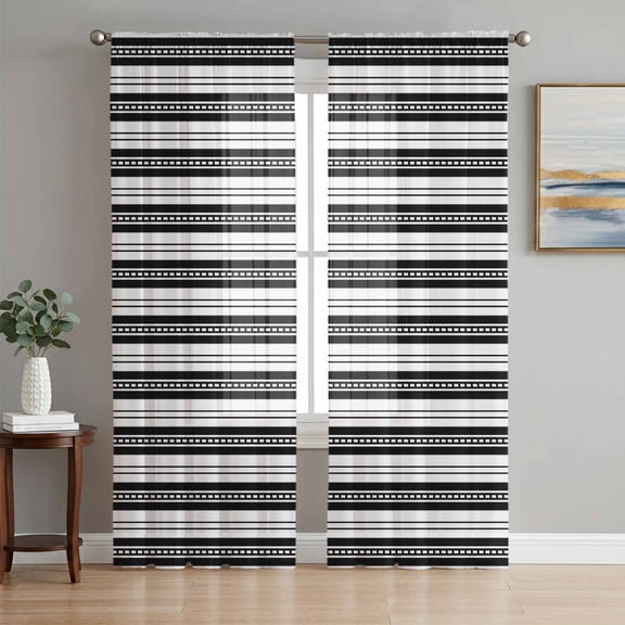 Sheer Curtains 72 Inches Long 2 Panels Set for Bedroom, Boho Black Stripe Semi Sheer Curtains for Windows, Abstract Geometric White Minimalist Voile Window Treatments Rod Pocket Curtain