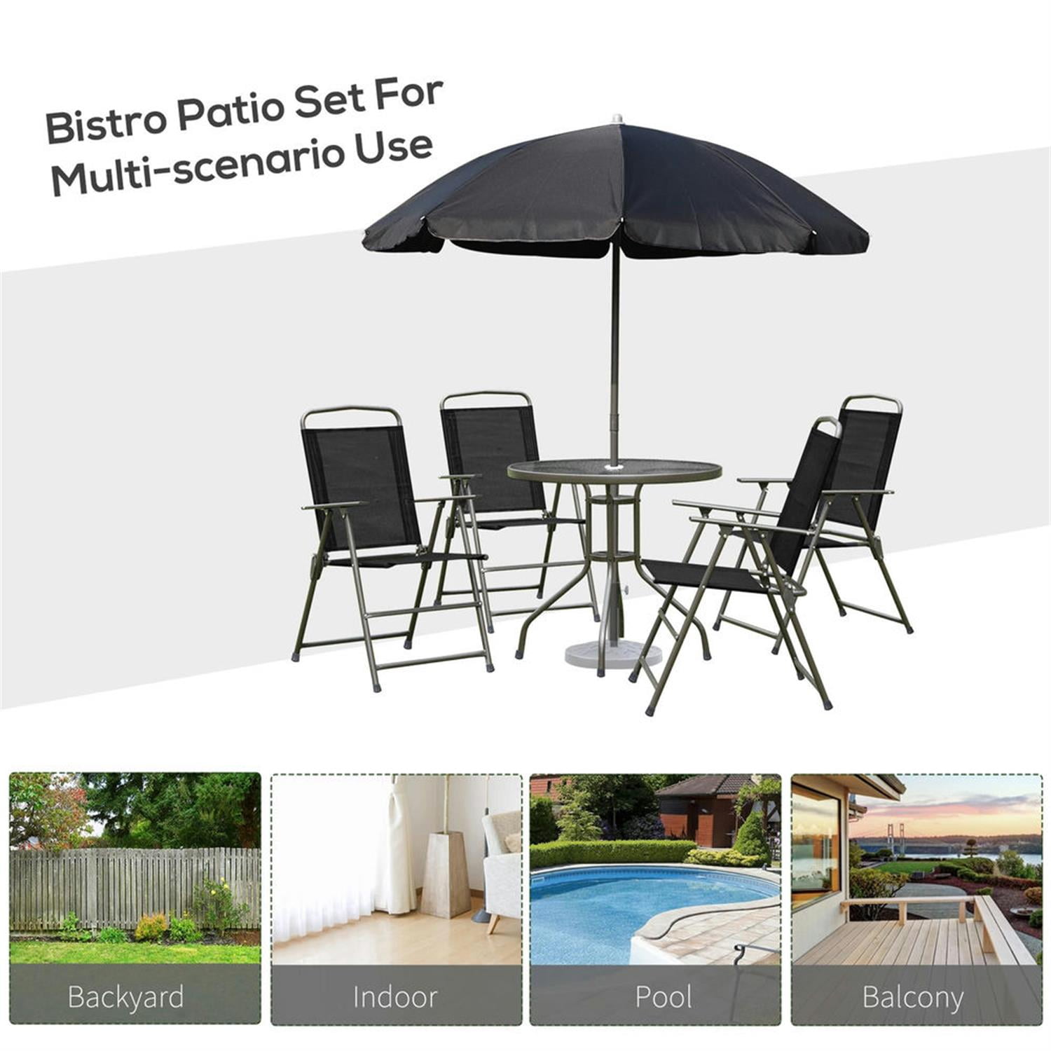Demi Bonn 6-Piece Outdoor Dining Set with Umbrella, 4 Folding Chairs & Round Glass Table for Garden & Patio, Black