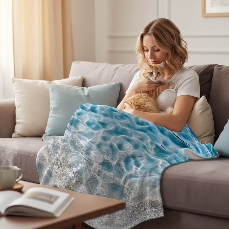 Blue Ocean Throw Blanket for Couch,Soft Lightweight Flannel Fleece
