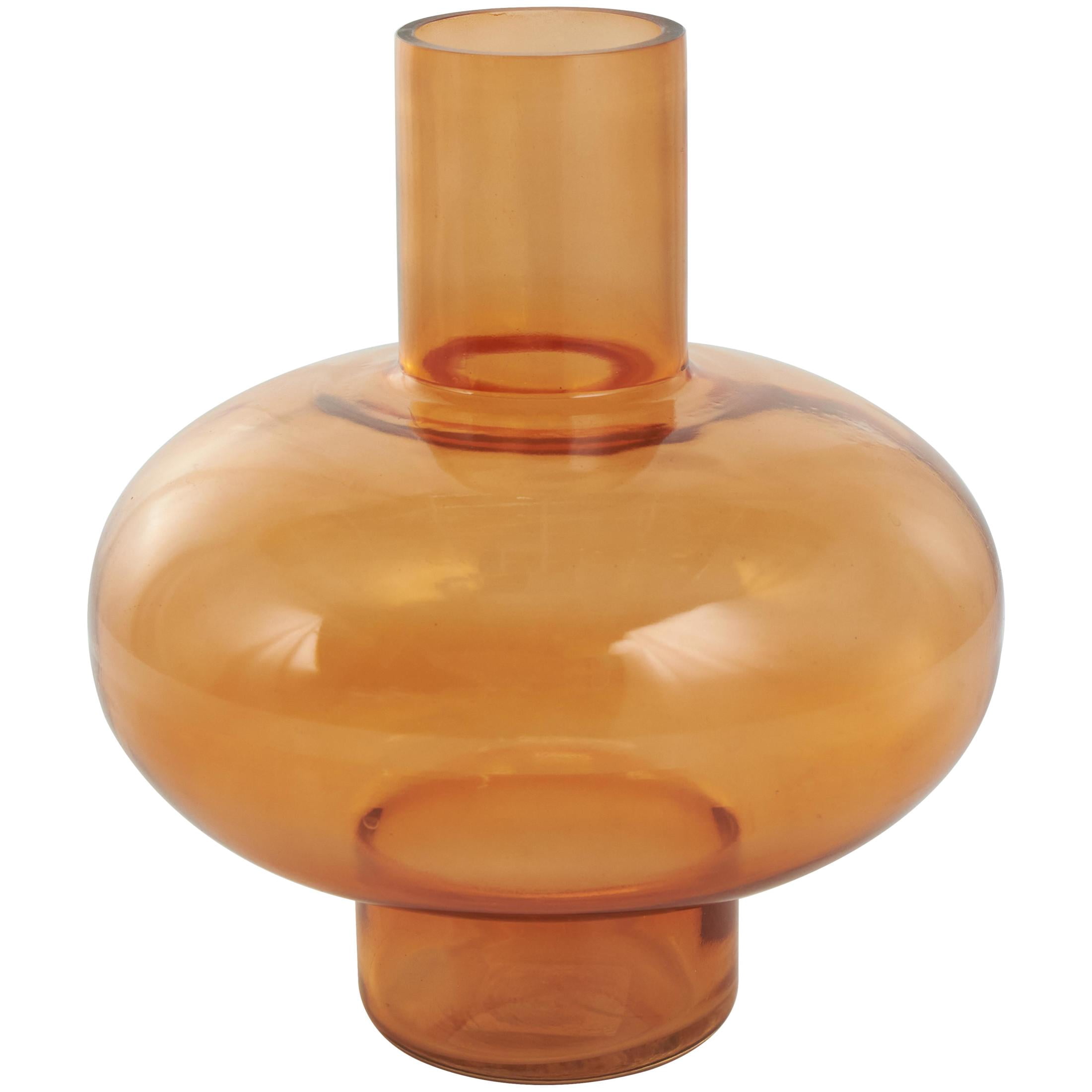 DecMode 12", 10", 7"H Round Orange Glass Vase with Varying Shapes and Sizes, Set of 3