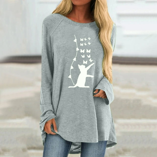 Hauts de Sortie Mode Dames Décontracté Ample Col Rond Imprimé Chat T-Shirt à Manches Longues Haut Blouse d'Été en Liquidation