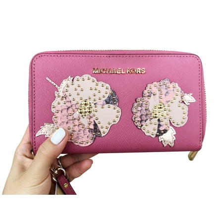 - Michael Kors Jet Set Travel Wallet Phone Wristlet Tulip Pink Floral Studded