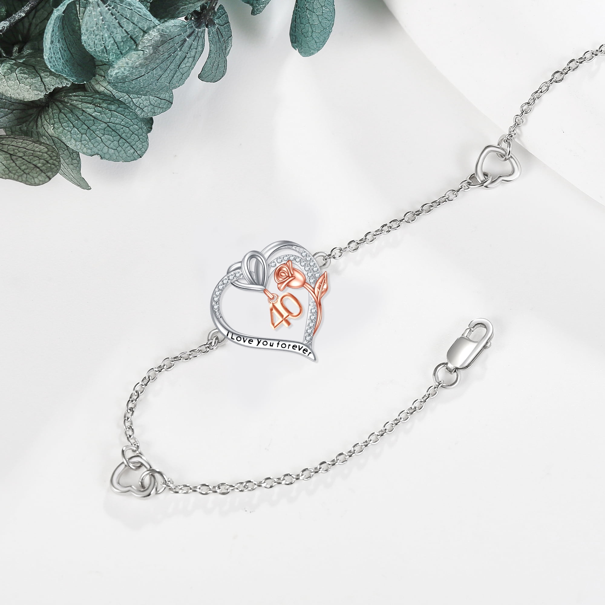 Birthday Bracelet Sterling Silver 40th Birthday Bracelet Heart Rose Flower Birthday Jewelry for Women Mothers Day Christmas Gifts