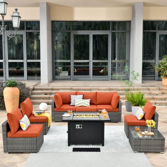 Ovios 8 Pieces Patio Fire Pit Set All Weather Wicker Outdoor Conversation Set with Side Table,Orange Red