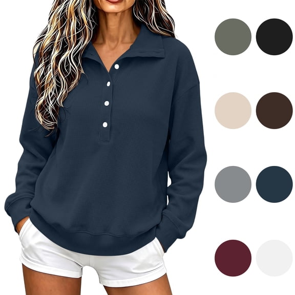 Maplenight Womens Henley Sweatshirts Waffle Knit Button Up Pullover Sweatshirt Side Slit Long Sleeve Casual Fall Tops