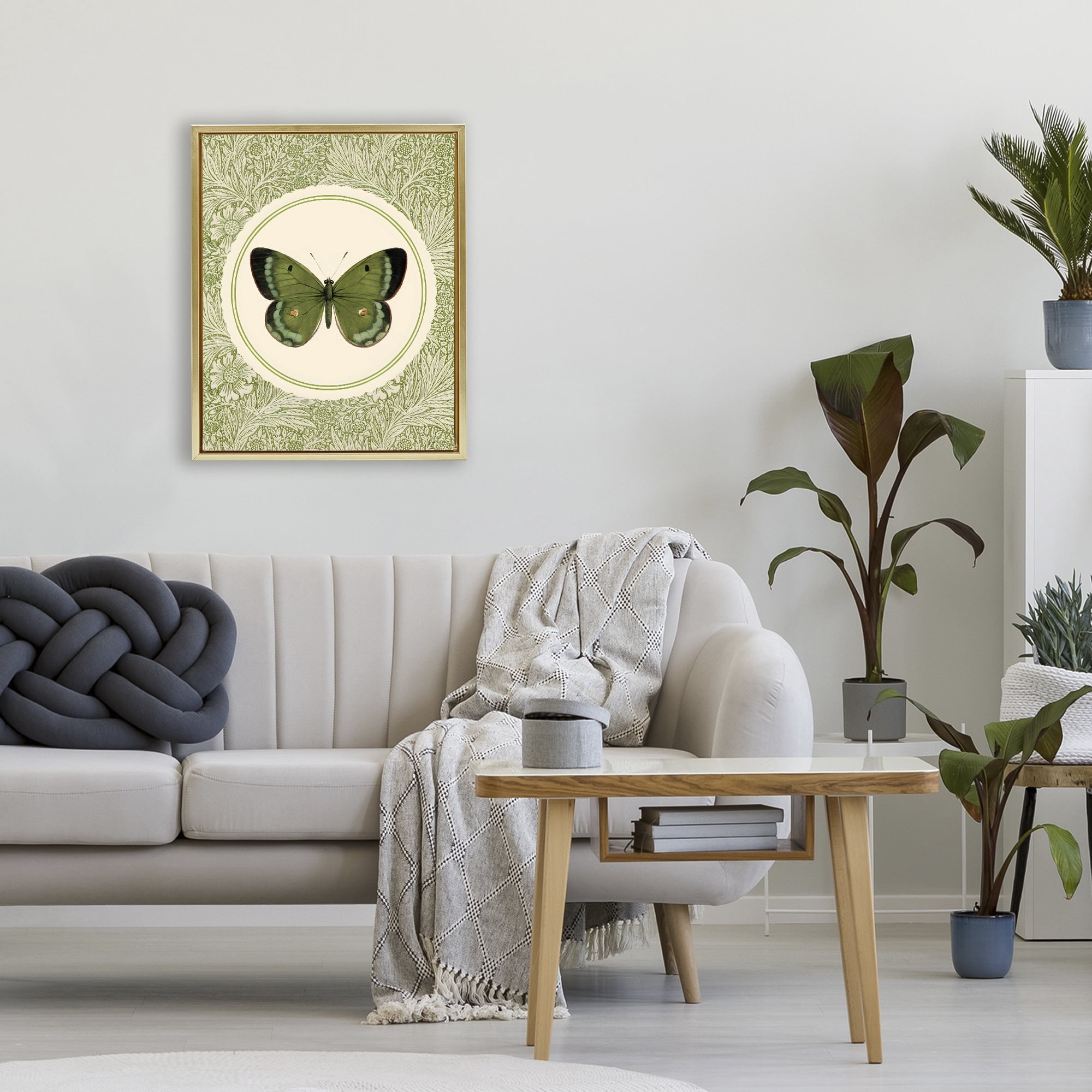Stupell Industries Green Butterfly Botanical Medallion Gold Framed Floater Canvas Wall Art, design by LSR Design Studio