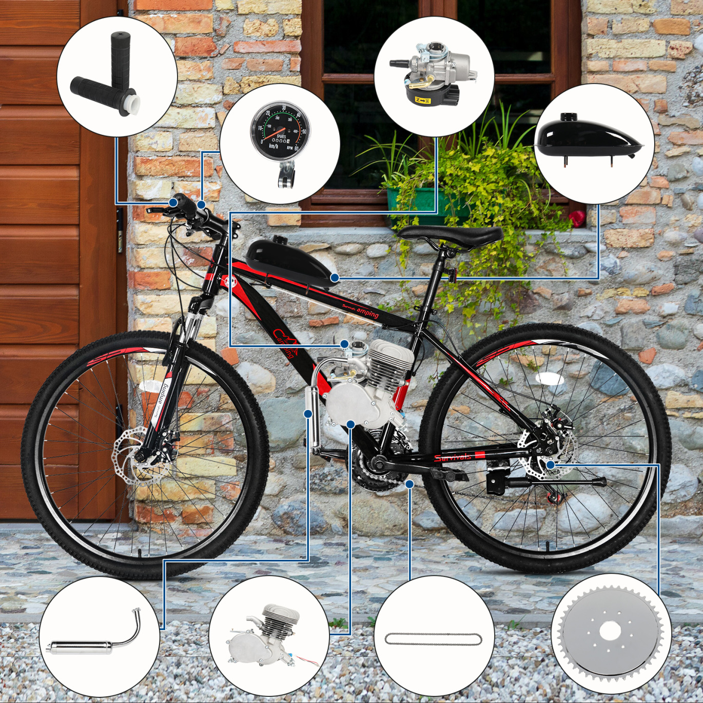 80cc Bicycle Engine Kit, Modification Bicycle Kit Fit, Petrol Gas Motor Kit Engine Set, 2.20kW 6000r/min Maximum Speed ​​38km/h Including Meter Bicycle Modification Parts