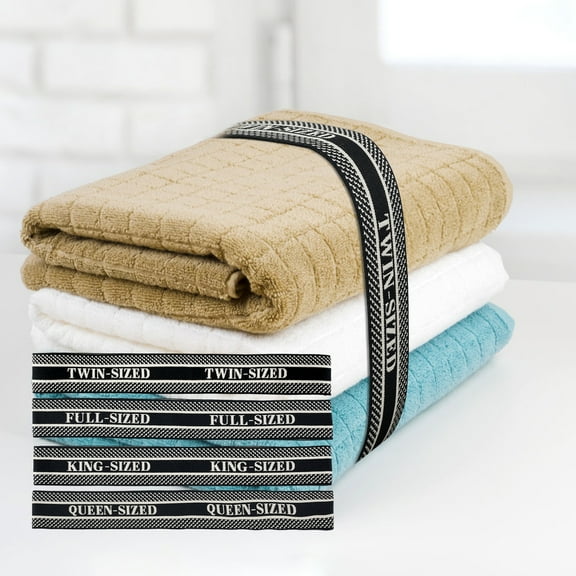 12Pcs Bed Sheet Organizer Bands Set Elastic Bedding Straps King Queen Full Twin Labels Bed Sheet Organizer Straps Portable Bed Sheet Bands for Foldable Bedsheet Pillow Case 4x32.5cm