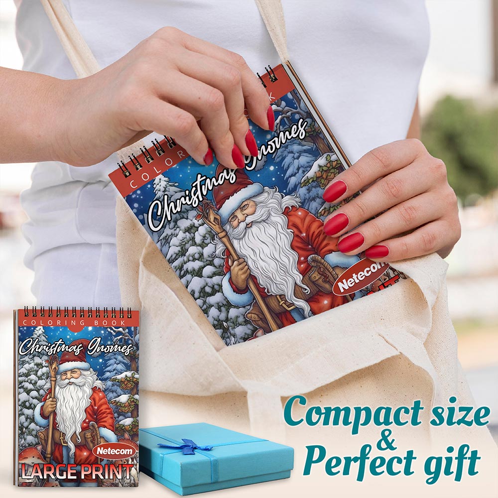 Netecom Christmas Gnomes Coloring Book Spiral Bound For Adult, A5 Wooden Cover, 30 Delightful Coloring Pages of Gnomes Spreading Holiday Cheer for Stress Relief and Relaxation
