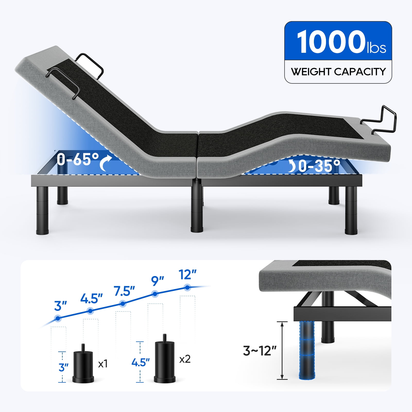 Raffle Pinker Adjustable Bed Frame Twin Size Power Bed Base Frame with Massage,Silent Dual Motors,Head & Foot Incline