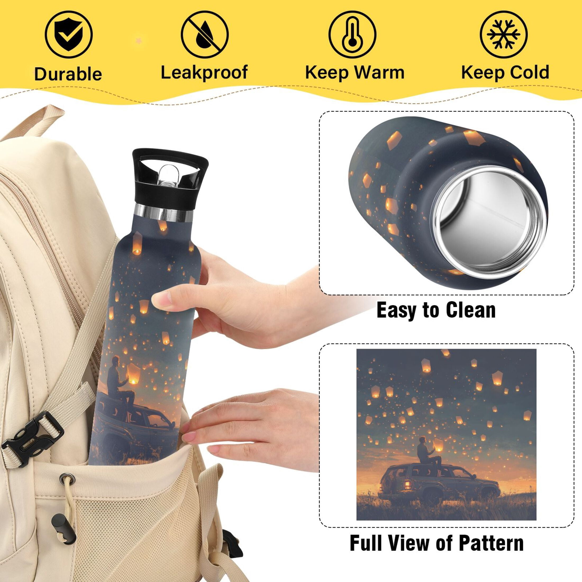 Kids Insulated Stainless Steel Sports Water Bottle 600ml (20oz) Glowing Lanterns