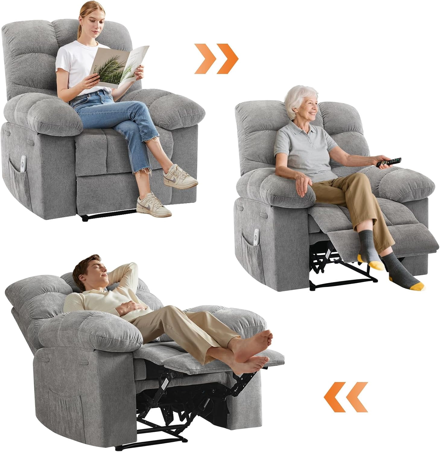 Recliner Chair, Wide Rocker Chair, Rocking Chair with Massage and Heat, Heat Ergonomic Overstuffed Breathable Fabric Reclining Chair with 2 Side Pockets, Remote Control, Living Room, Bedroom