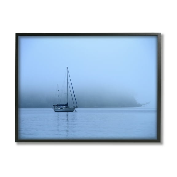 Stupell Industries Foggy Boat Sailing Landscape Photography Black Framed Art Print Wall Art, 14 x 11