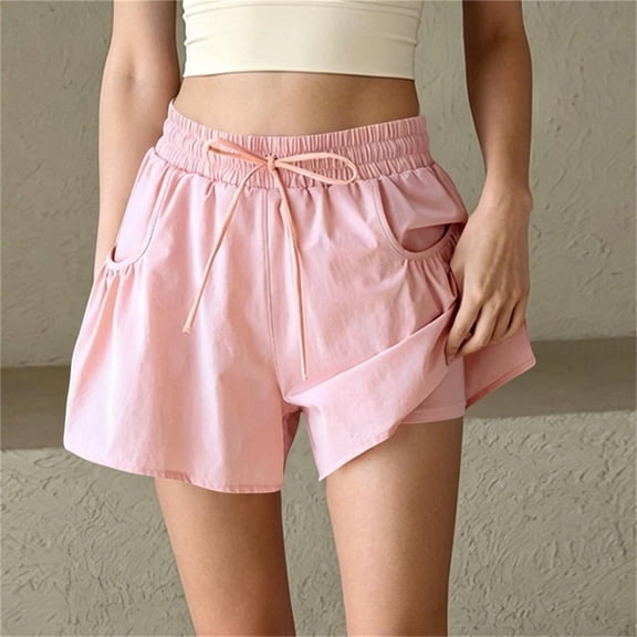 IUYRTFE Women Solid Color Drawstring Waist Shorts with Pockets Casual Loose Summer Bottoms