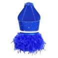 thumbnail image 4 of SiiRoh Kids Girls Sparkly 2 Piece Dance Outfit Halter Latin Jazz Dance Crop Top and Feather Briefs Fringe Skirt Royal Blue 14, 4 of 7