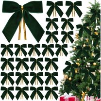24 Pcs Green Velvet Bows for Christmas Tree,Dark Green Velvet Bows Ornaments Christmas Tree Bow for Gift Wrapping Door Vintage Garland Wreath,Rustic Holiday Decor-1" Wide,3.5 x 3.5 Inch