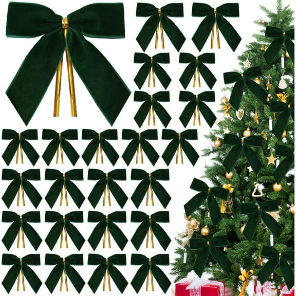 24 Pcs Green Velvet Bows for Christmas Tree,Dark Green Velvet Bows Ornaments Christmas Tree Bow for Gift Wrapping Door Vintage Garland Wreath,Rustic Holiday Decor-1" Wide,3.5 x 3.5 Inch
