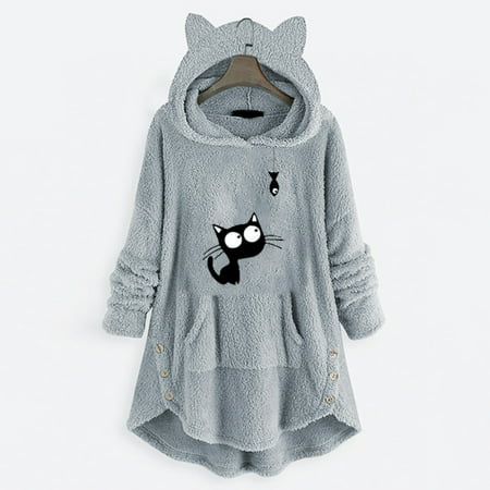 

Simplmasygenix Fuzzy Fluffy Hoodies for Women Plus Size Woman s Casual Printing Cat Ears Plush Buttons Long Sleeved Hooded Plush Coat Top