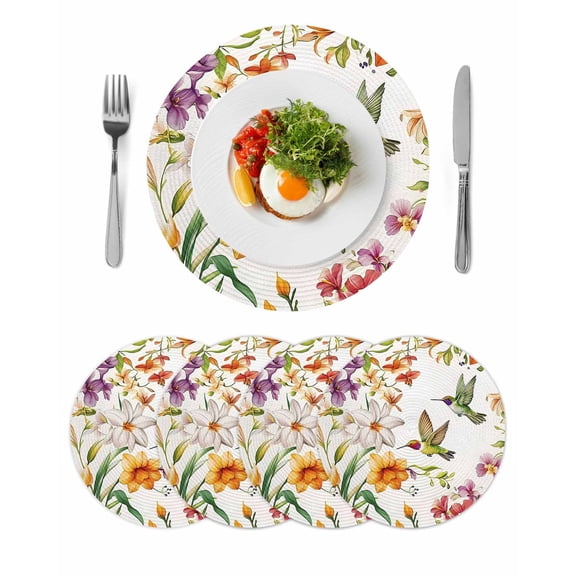 Watercolor Hummingbird Flowers Round Table Placemats set of 4, Retro Floral Leaf Washable Woven Place Mats for Dining Tables Kitchen Party Decor,Heat Proof, 13in,