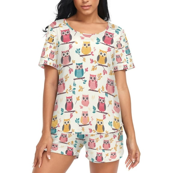 joogoo Women's Pajama Set Cute Owls with Leaves Short Sleepwear Loungewear with Pockets M