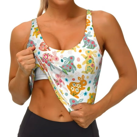 Qokaie Boho Bunny Pattern Womens Scoop Neck Sports Bra Breathable Workout Vest Padded U Back Medium Impact Fitness Gym Yoga Bra Workout Crop Top