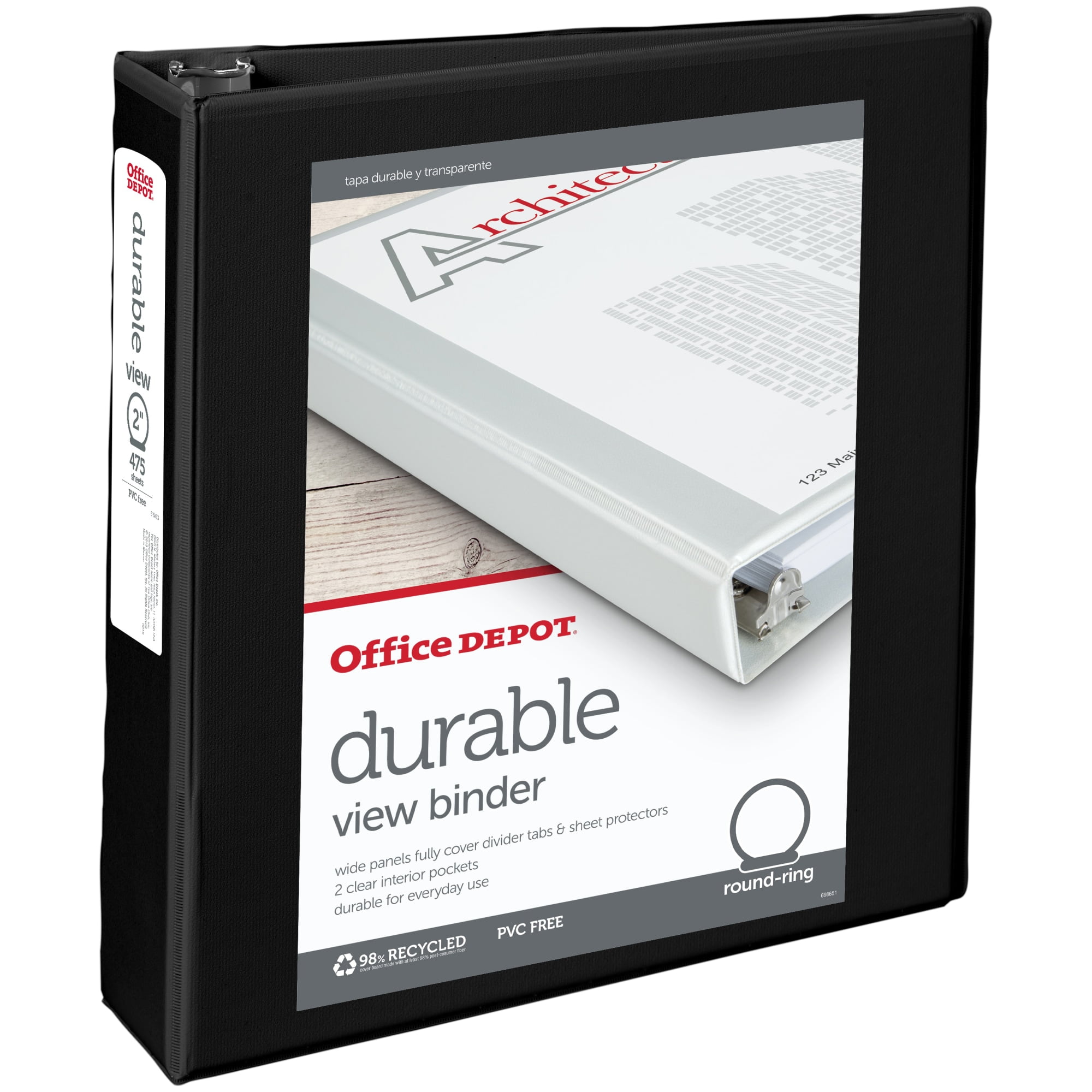 OfficeMax Durable View Binders with Round Ring 2', Black