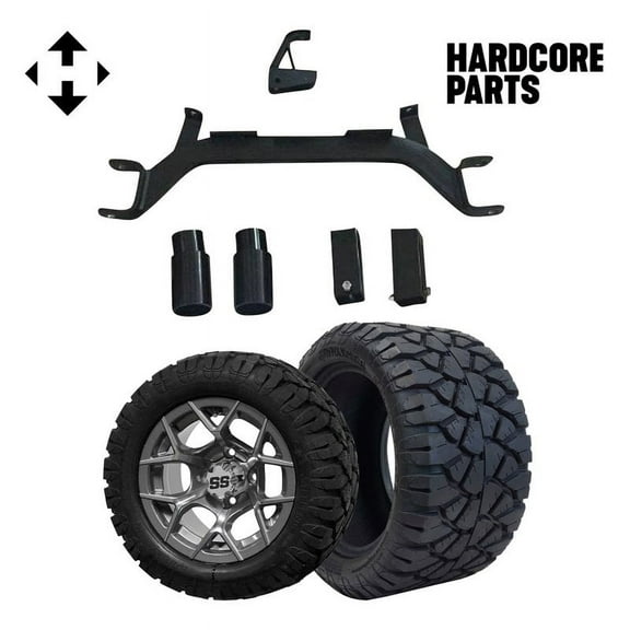 Hardcore Parts 4" Drop Axle Lift Kit for EZGO Marathon (1975-1993) Gas Golf Cart with 12" Machined/Gunmetal 'Rally' Wheels & 20"x10"-12" STINGER On-Road/Off-Road DOT rated All-Terrain tires