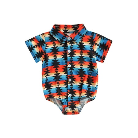 

Sunisery Toddler Baby Boys Romper Shirt Short Sleeve Lapel Geometric Print Jumpsuit Casual Spring Summer Tops Blue 12-18 Months