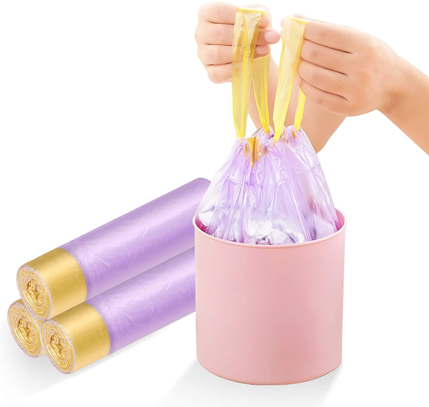 Purple 60 Packs LASMEX Disposable Drawstring Hanging Trash Bags with Car Headrest Hook Hanger 1.2 Gallon Small Car Auto Garbage Leak-proof Vomit Bags for Car Desk Office Bathroom Camping Travel 
