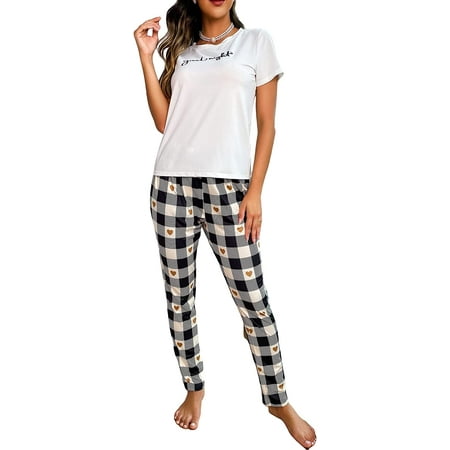 

ZWUYIYHJ Women s Cute Cartoon Cow Print Sleepwear Short Sleeve Tee with Pants Pajama Set