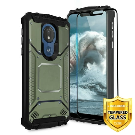 TJS for Motorola Moto G7 Power/Moto G7 Supra Phone Case, with [Full Coverage Tempered Glass Screen Protector] Aluminum Metal Premium Shockproof Military Cover Built-in Metal Plate Back