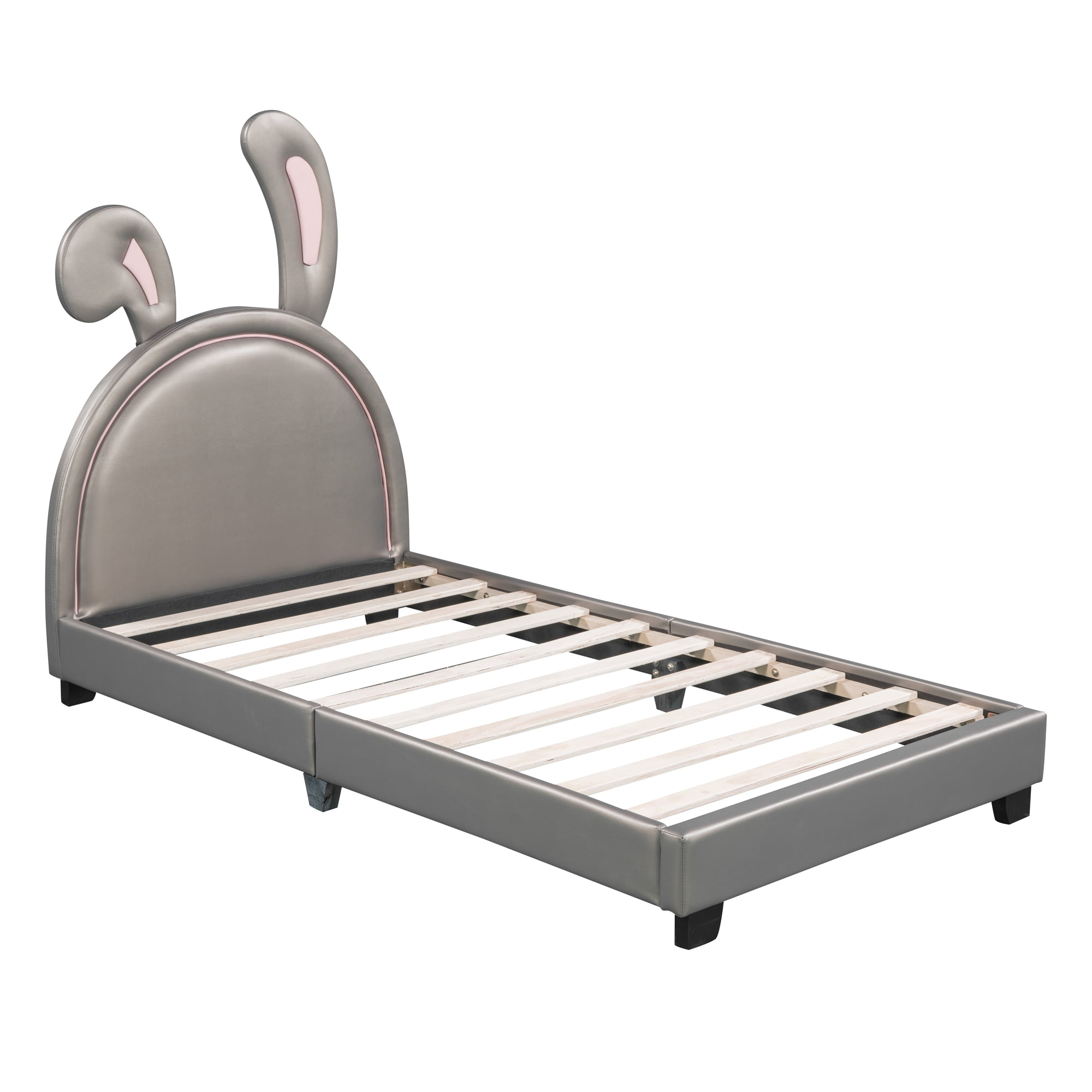 Aukfa Upholstered Bed with Bunny Ears Headboard for Kids, Faux Leather Twin Platform Bed Frame, Gray