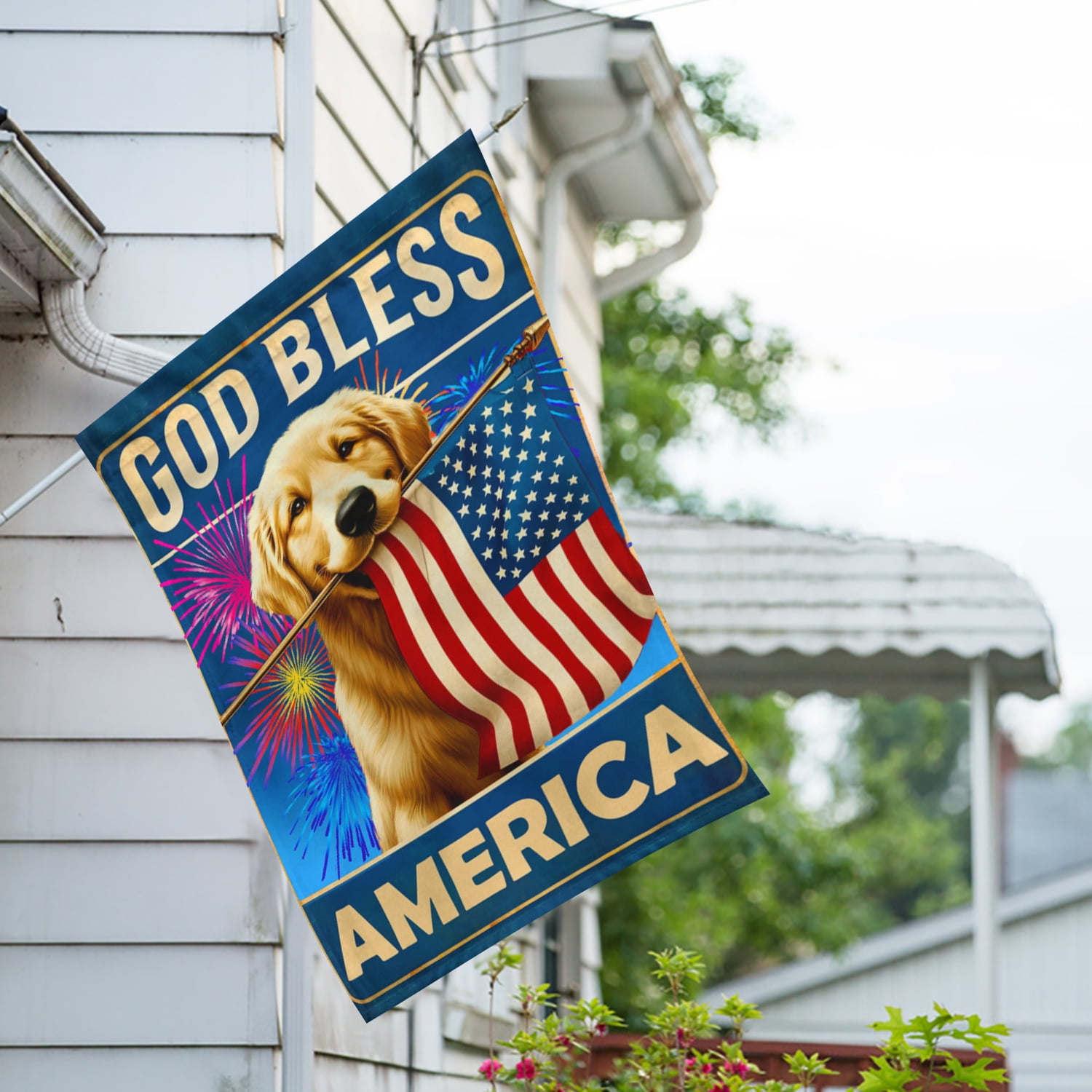 America Forever God Bless America Dog House Flag, 28 x 40 inch Double Sided, 4th of July Golden Retriever, Fourth of July Memorial Independence Day House Flag Outdoor Yard Decor