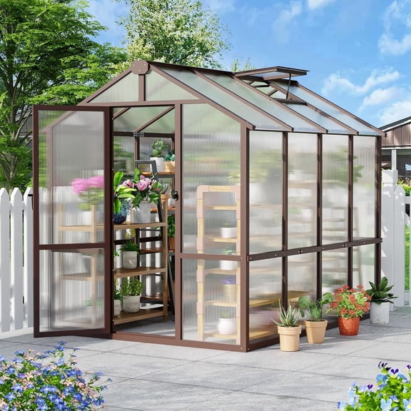 NETAJE 6'x8' Outdoor Wooden Greenhouse, Heavy Duty Walk-in Green House with Ventilated Window and Lockable Door for Backyard, Patio, Brown