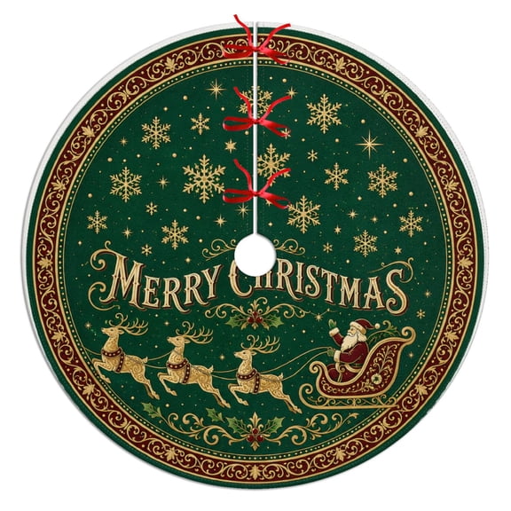 Green Santa Sleigh and Reindeer Xmas Tree Skirt 36 Inch for Indoor Christmas Party Decor