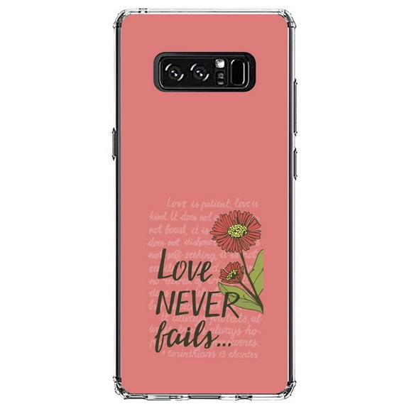 DistinctInk Clear Shockproof Hybrid Case for Samsung Galaxy Note 8 - TPU Bumper, Acrylic Back, Tempered Glass Screen Protector - 1 Corinthians 13 - Love Never Fails - Flower