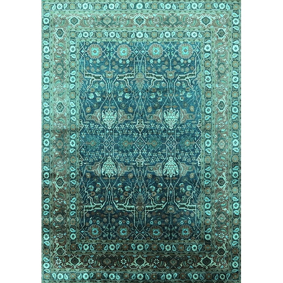 Ahgly Company Machine Washable Indoor Rectangle Oriental Turquoise Blue Industrial Area Rugs, 7' x 10'