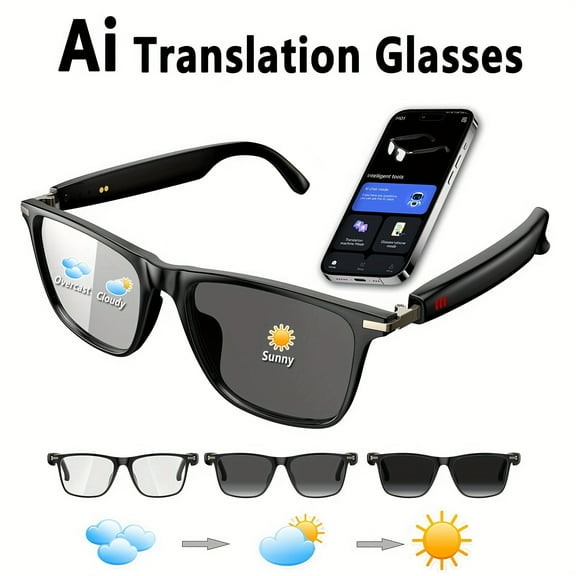 AI Smart Glasses with 160 Language Real-Time Translation | ChatGPT System & Built-in Mic/Speaker | Physical Color Changing Lens for Music & Calls | Multi-functional Audio Glasses for Men & Women