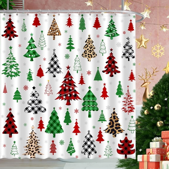 Christmas Shower Curtain, Xmas Tree Home Bathroom Decor, Polyester Cloth Fabric Bath Curtain with 12 Hooks (72x72 Inches, Christmas Tree 3)